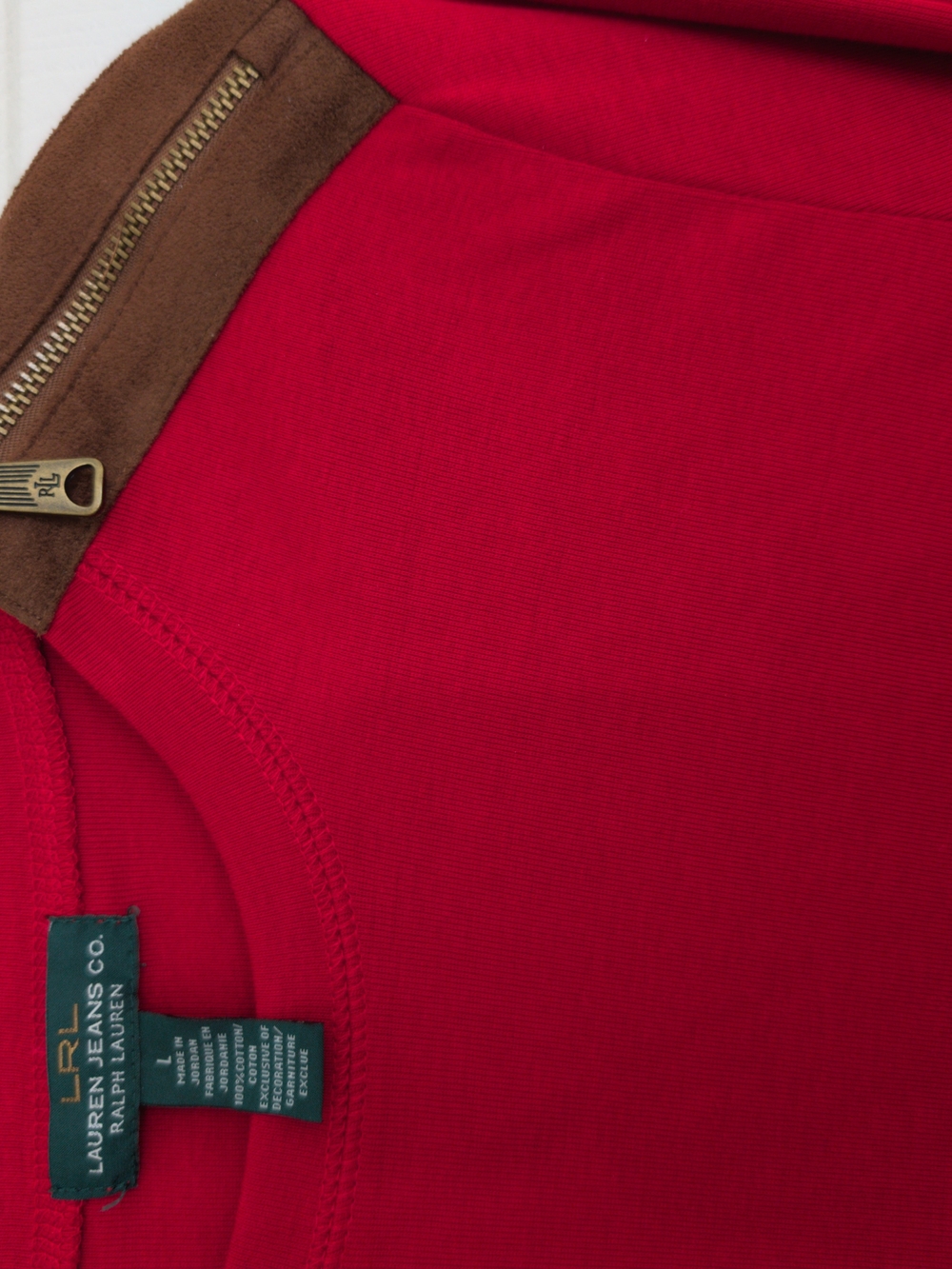 Lauren Ralph Lauren Red Crewneck T-shirt, Brown Elbow Patches & Zip Shoulder